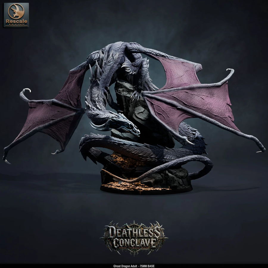 Adult Ghost Dragon – Spectral Undead Dragon: ghost dragon tabletop miniature, designer preview from Rescale Miniatures's 'Oktober 2026' release, 3D-printed in resin by Qumi