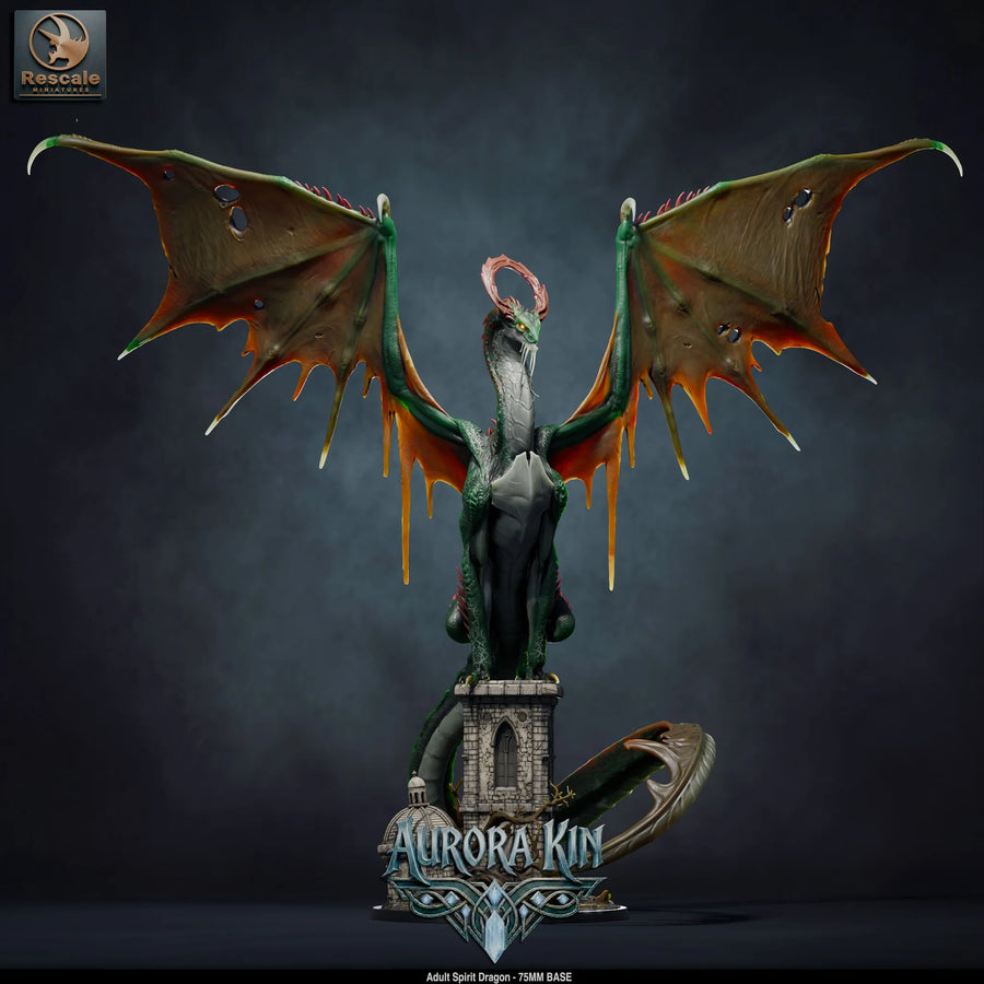 Adult Spirit Dragon – Aurora Kin Dragon: dragon tabletop miniature, designer preview from Rescale Miniatures's 'Aurora Kin' release, 3D-printed in resin by Qumi