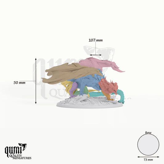 Adult Shadow Dragon Tabletop Miniature dragon miniature - assembly overview with colour-coded parts and measurements