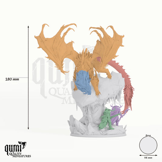 Ancient White Dragon Tabletop Miniature dragon miniature - assembly overview with colour-coded parts and measurements