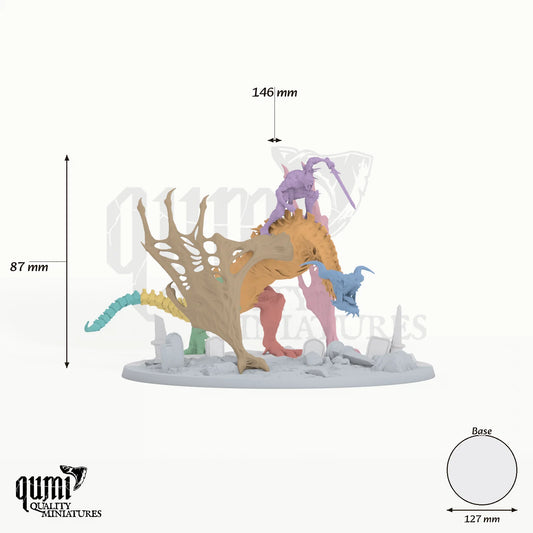 Dragon Bann Wyvern Tabletop Miniature dragon miniature - assembly overview with colour-coded parts and measurements