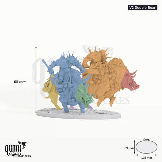 Boar Mounted tabletop miniature (V2 Double Boar) - 69 mm tall, 103x69 mm base - Rescale Miniatures 3D print by Qumi