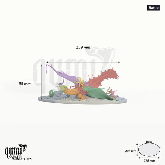 Dragon Brass Dragon Tabletop Miniature dragon miniature - assembly overview with colour-coded parts and measurements