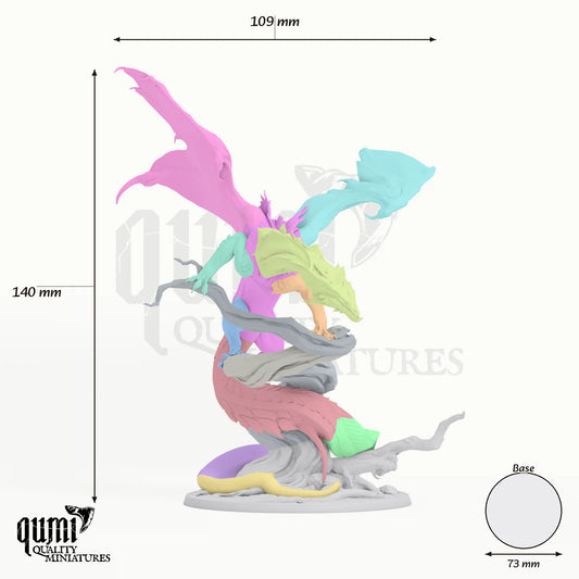 Chromatic Green Dragon Tabletop Diorama dragon miniature - assembly overview with colour-coded parts and measurements