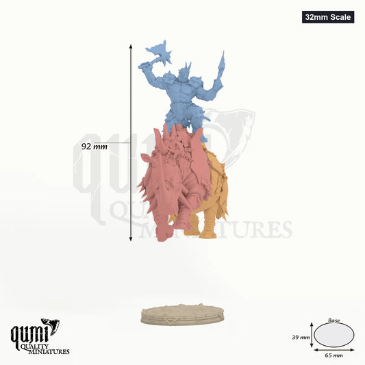 War Rhino 32mm Scale - colour-coded parts render, 92 mm tall, 3 body parts, 65 x 39 mm oval base