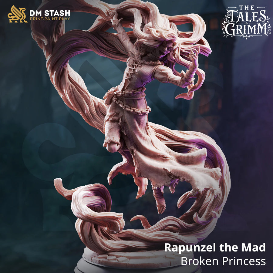 Rapunzel the Mad – Broken Princess: cursed princess tabletop miniature, designer preview from DM Stash's 'The Tales Grimm' release, 3D-printed in resin by Qumi
