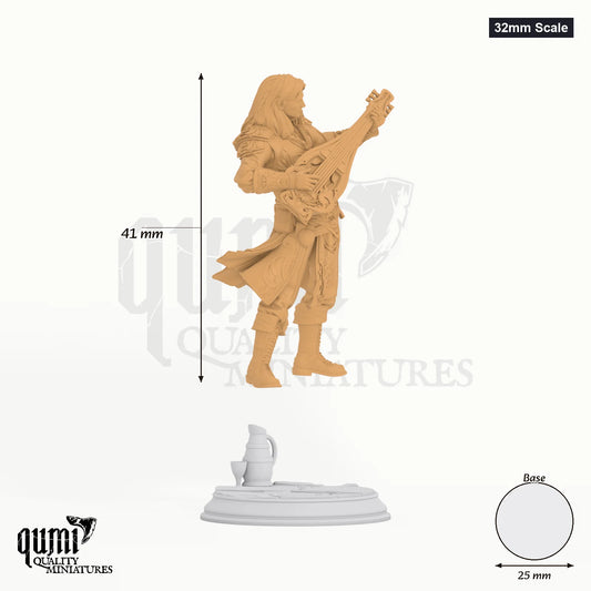 Bard Ereviel tabletop miniature (32mm Scale) - 41 mm tall, 25 mm base, 1+1 part assembly - DM Stash 3D print by Qumi