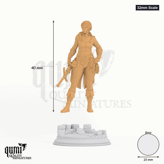 Lieutenant Gwendole tabletop miniature (32mm Scale) - 40 mm tall, 25 mm base, 1+1 part assembly - DM Stash 3D print by Qumi