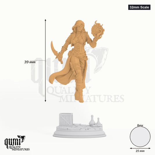 Kira tabletop miniature (32mm Scale) - 39 mm tall, 25 mm base, 1+1 part assembly - DM Stash 3D print by Qumi