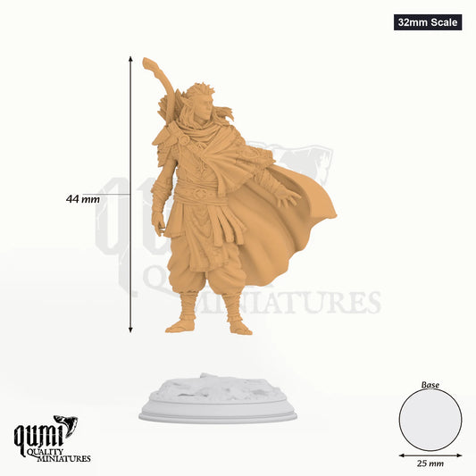 Sun Elf Sactarin tabletop miniature (32mm Scale) - 44 mm tall, 25 mm base, 1+1 part assembly - DM Stash 3D print by Qumi