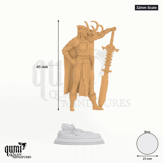 Fanatsy Maiden Skadi tabletop miniature (32mm Scale) - 45 mm tall, 25 mm base, 1+1 part assembly - DM Stash 3D print by Qumi