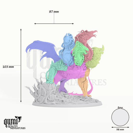 Dragon Elemental Dragon Tabletop Miniature dragon miniature - assembly overview with colour-coded parts and measurements