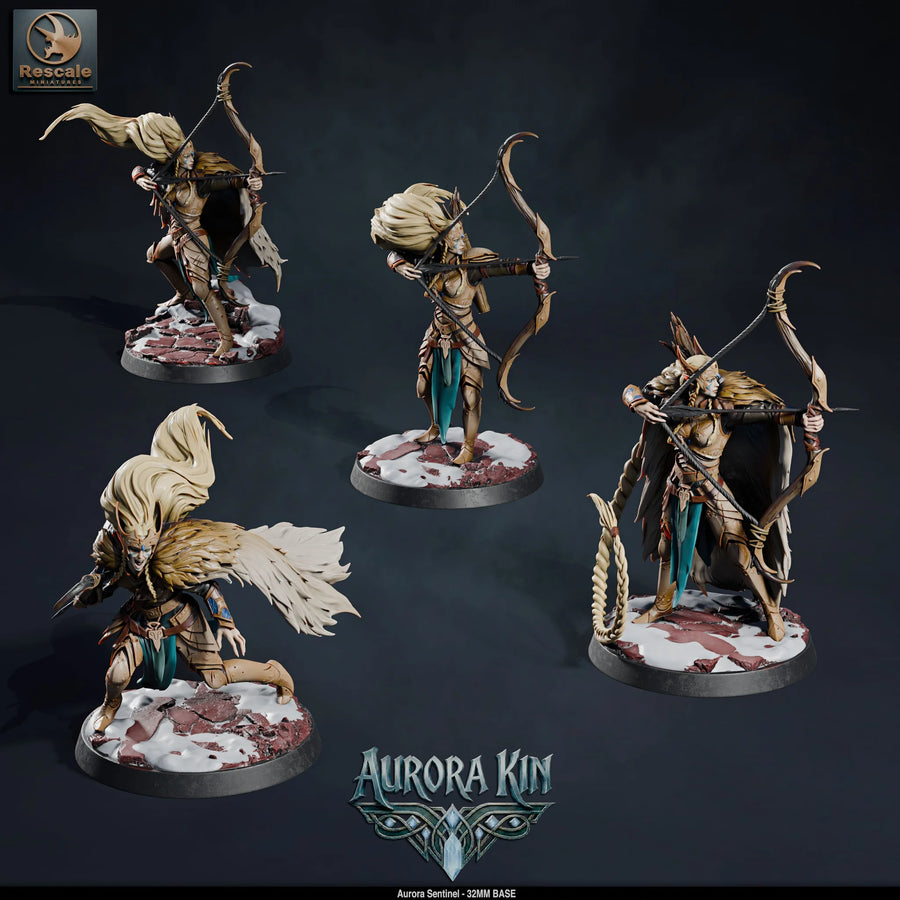 Aurora Sentinel – Elven Warriors: elf fighter tabletop miniature, designer preview from Rescale Miniatures's 'Aurora Kin' release, 3D-printed in resin by Qumi