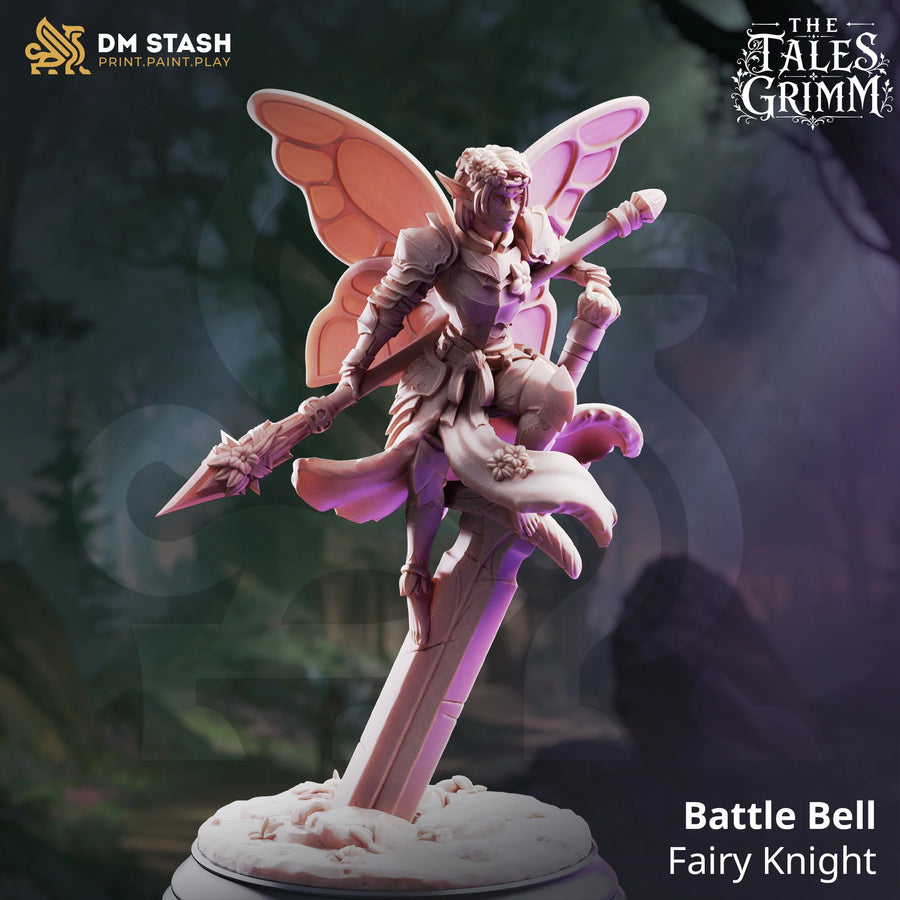 Battle Bell – Fairy Knight: fairy knight tabletop miniature, designer preview from DM Stash's 'The Tales Grimm' release, 3D-printed in resin by Qumi