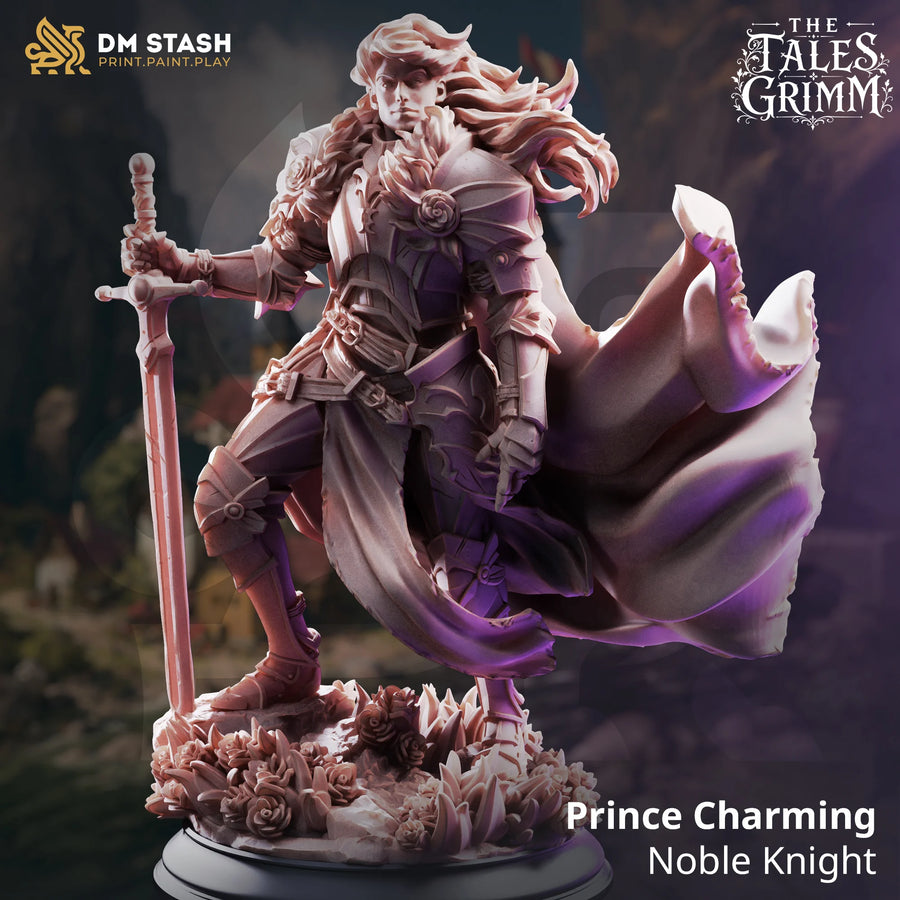 Prince Charming – Noble Knight: knight tabletop miniature, designer preview from DM Stash's 'The Tales Grimm' release, 3D-printed in resin by Qumi