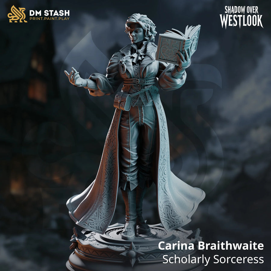 Carina Braithwaite scholarly sorceress fantasy miniature holding an open spellbook