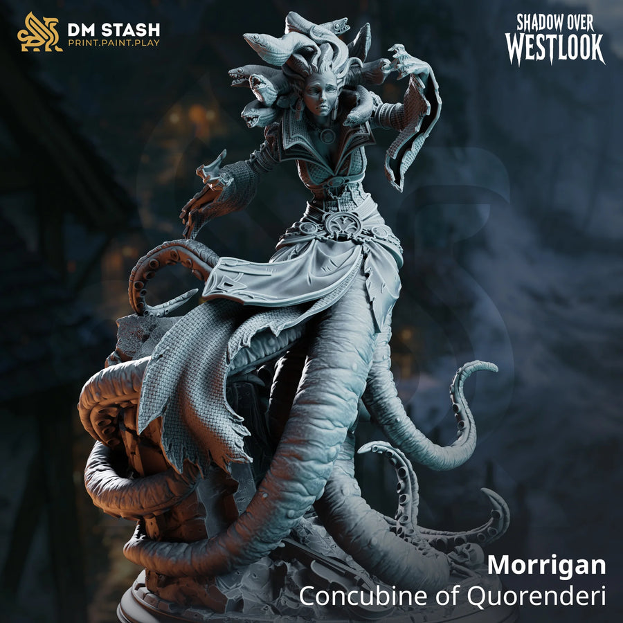 Morrigan – Concubine of Quorenderi: tentacled siren tabletop miniature, designer preview from DM Stash's 'Shadow over Westlook' release, 3D-printed in resin by Qumi