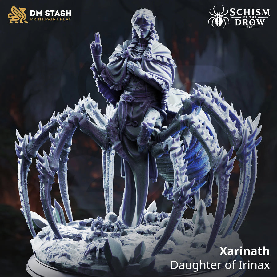 Xarinath – Daughter of Irinax: drow spider rider tabletop miniature, designer preview from DM Stash's 'Irinax' release, 3D-printed in resin by Qumi