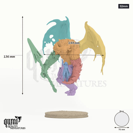 Zhaelor 32mm - colour-coded parts render, 136 mm tall, 7 body parts, 76 mm round base