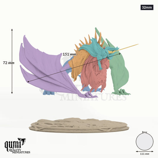 Shadowed King Mounted 32mm - colour-coded parts render, 72 mm tall, 7 body parts, 111 mm round base