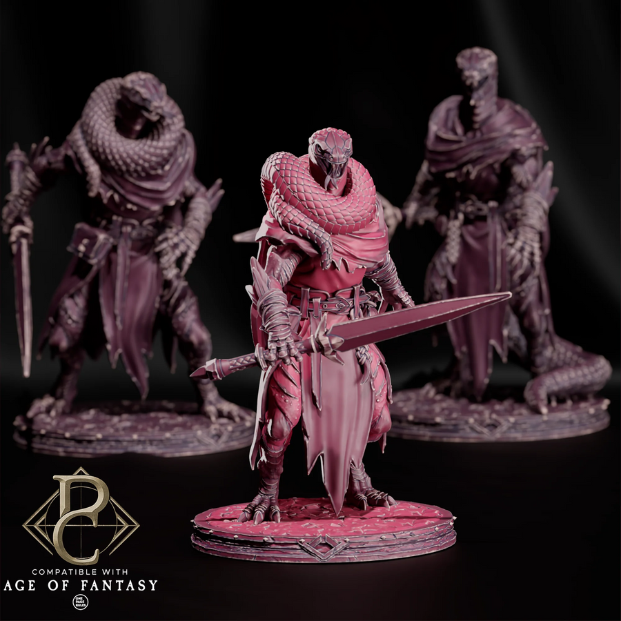 Venomscale Reavers – Serpentfolk Warriors: serpentfolk fighter tabletop miniature, designer preview from Parasite Collectibles's 'August 2026' release, 3D-printed in resin by Qumi