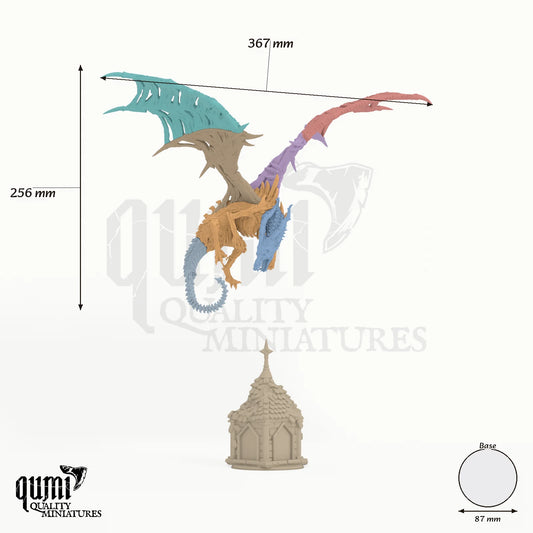 Dragon Shingorion Ancient Undead Dragon Tabletop Miniature dragon miniature - assembly overview with colour-coded parts and measurements