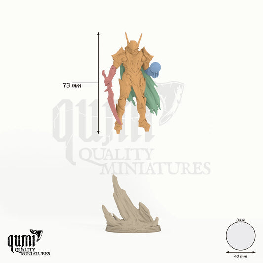 Emissary of the Gods - colour-coded parts render, 73 mm tall, 4 body parts, 40 mm round base