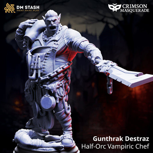 Fantasy figurine of Gunthrak Destraz, Half-Orc Vampiric Chef, with 'DM Stash' and 'Crimson Masquerade' branding.