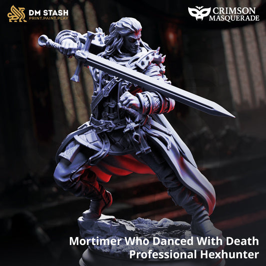 Statue of a professional hexhunter with a sword, branded 'Crimson Masquerade' and 'DM Stash'.