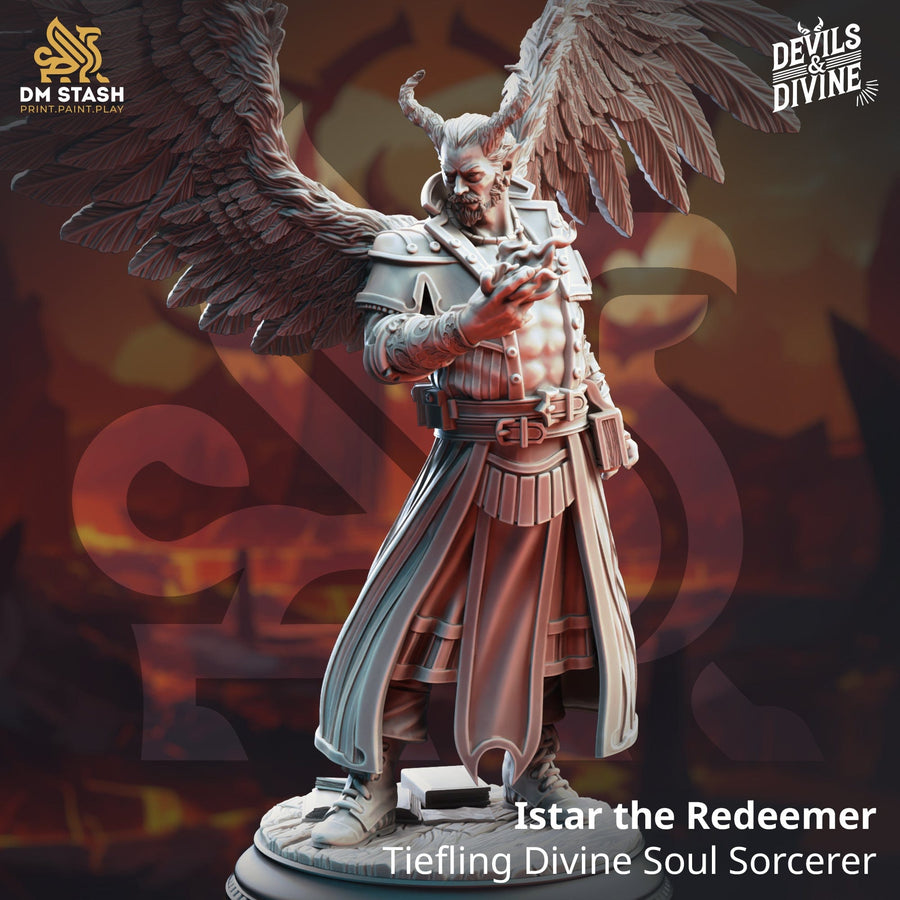 Istar der Erlöser Tiefling Zauberer 3D-Druck Resin Miniatur mit ausgebreiteten Flügeln und magischer Flamme in der Hand