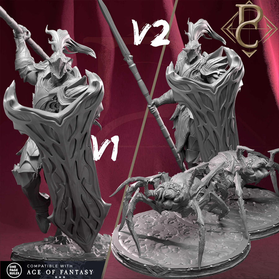 Vergleichsansicht der V1 und V2 Ritter Spinnenbrut Miniatur mit begleitenden Spinnenmodellen