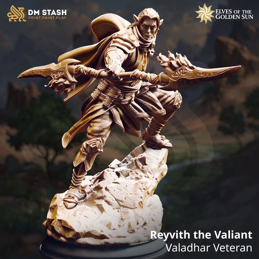 Reyvith der Tapfere Miniatur in dualer Waffenpose, 32mm-Skala Resin-Figur auf felsigem Sockel.