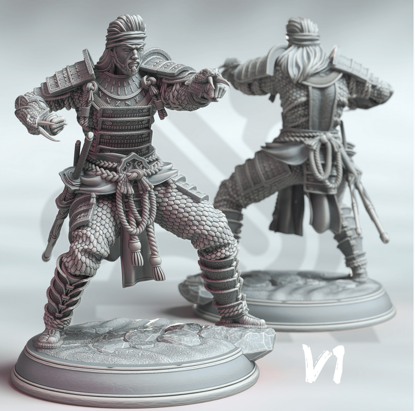 Frontal view of 32mm scale human samurai miniature with ornate armor and dual blades