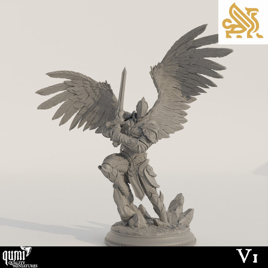 Side profile view of a winged angel sword fighter standing on a rocky base