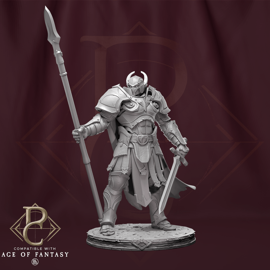 3D-printed Storm Soldier knight miniature holding a spear and sword on a circular base
