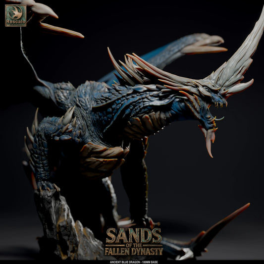 Ancient Blue Dragon miniature by Qumi, detailed rescale miniature for tabletop wargaming and RPG scenarios.