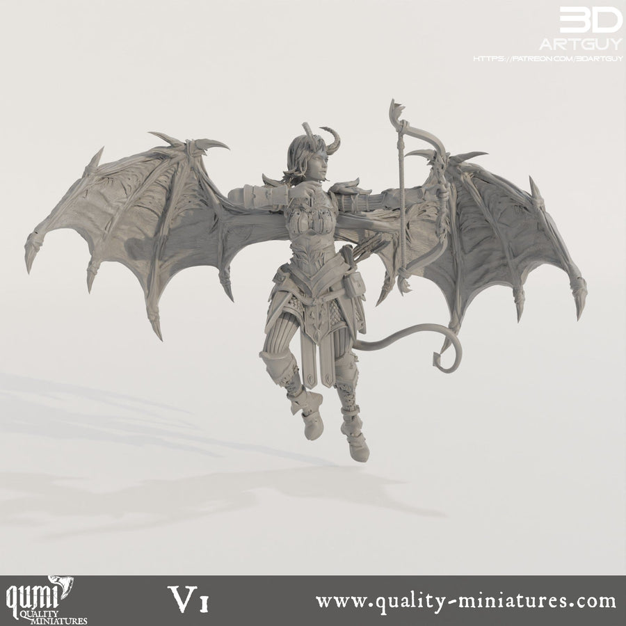 Front view of a succubus ranger miniature with wings and bow drawn