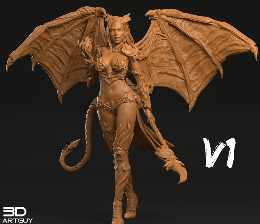 Detailansicht der Succubus-Zauberin V1, die ein Herz hält, mit feinen Strukturen an Flügeln und Rüstung