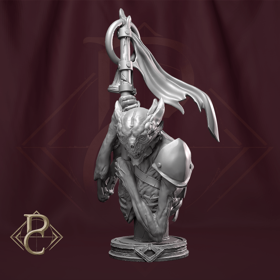 Graue 3D-gedruckte Custos Purgatorii Resin-Büste, eine gespenstische Figur mit Flaggenmast auf einem runden Sockel.