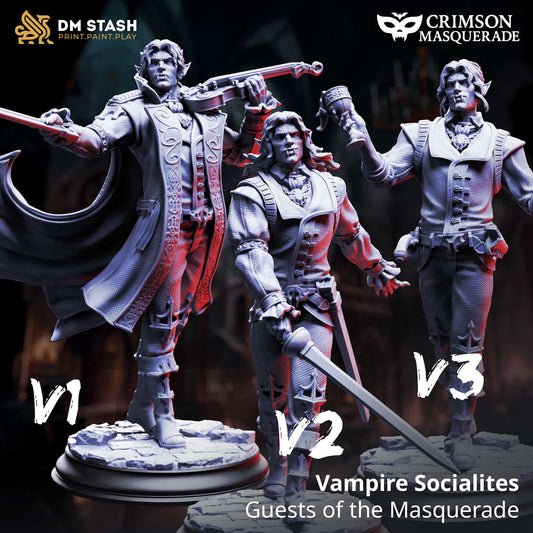 Three Vampire Socialites figurines from 'Guests of the Masquerade' with 'DM Stash' and 'Crimson Masquerade' branding.