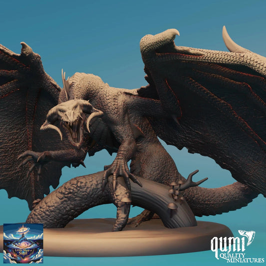 Dragon figurine with open wings on a blue background, featuring the Qumi Quality Miniatures logo.