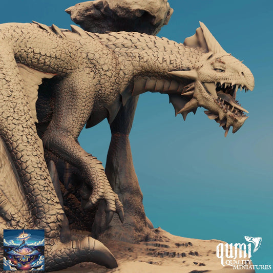 Dragon sculpture on a rock with 'Qumi' branding in the corner