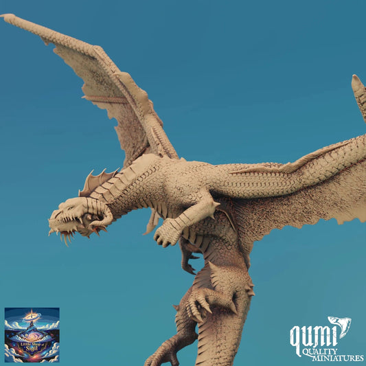 Dragon model with 'qumi Quality Miniatures' branding on a blue background
