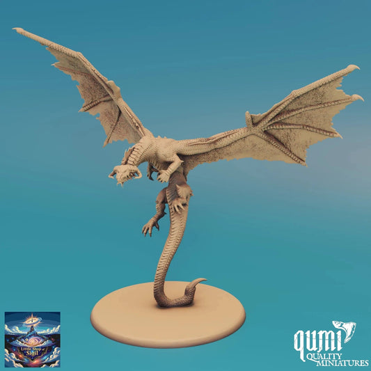 Dragon miniature figurine on a blue gradient background with 'qumi Quality Miniatures' branding.