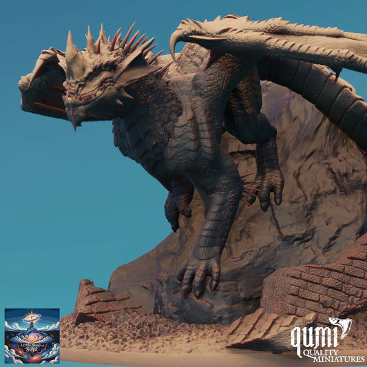 Dragon statue with detailed texture against a clear blue sky, featuring the Qumi Quality Miniatures logo.