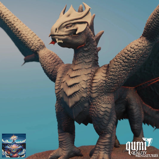 Dragon figurine with detailed scales and wings against a blue background, featuring the Qumi Quality Miniatures logo.