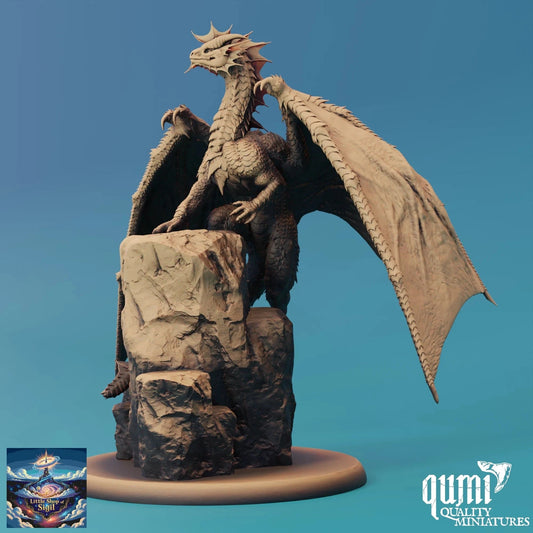 Dragon statue on a rock with a blue gradient background, featuring the Qumi Quality Miniatures logo.
