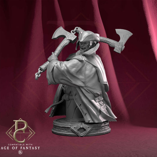 Minature figurine of a character holding two axes on a red background with 'Age of Fantasy' logo.