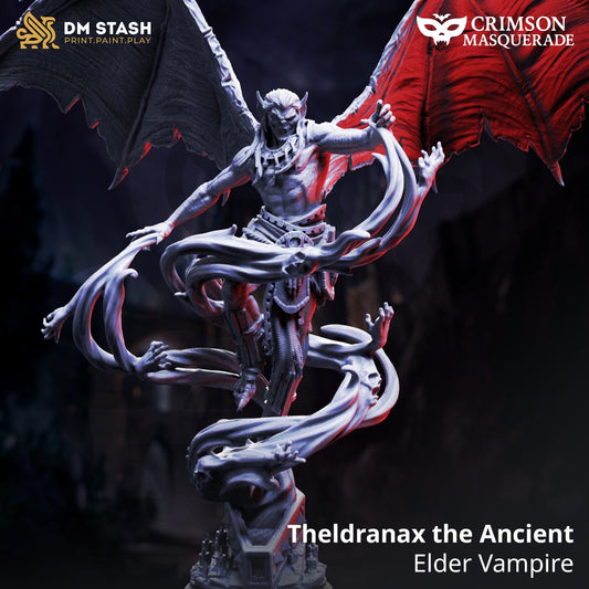 Statue of Theldranax the Ancient Elder Vampire with 'DM Stash' and 'Crimson Masquerade' branding.