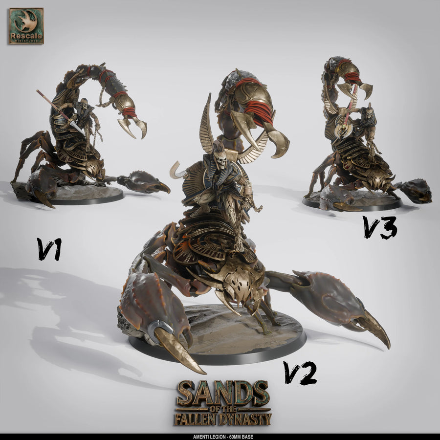 Three variations of a 3D-printed resin giant scorpion miniature featuring a mounted skeletal fighter on a 60mm base.